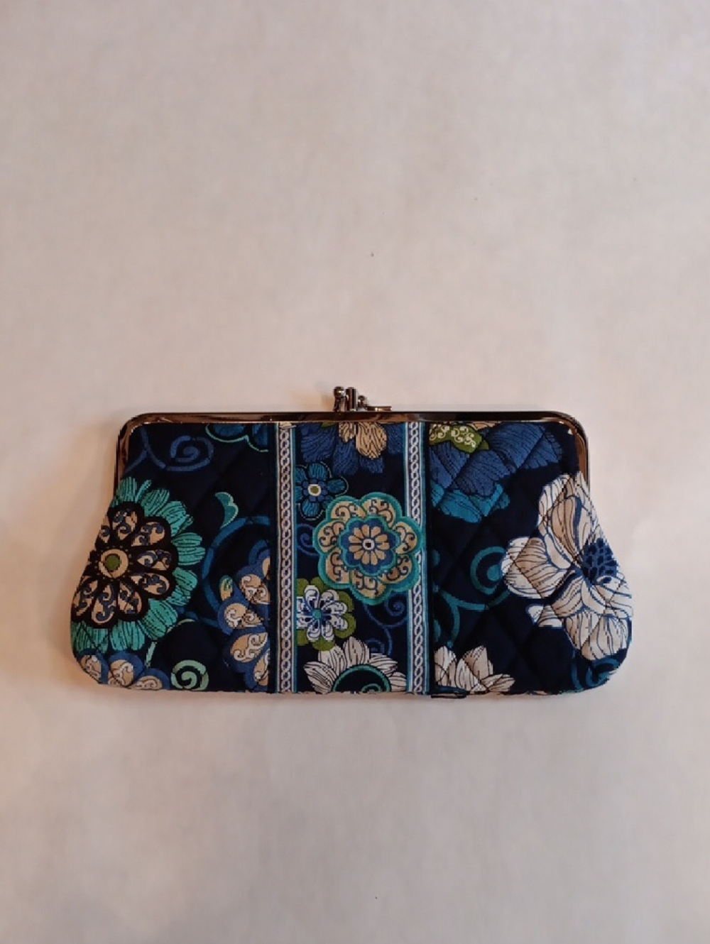 Vera Bradley Navy Teal Cream Floral Quilted Clutch - Picture 2 of 6